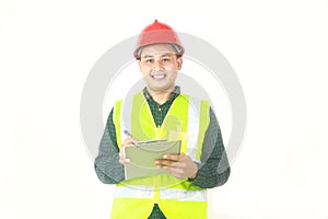 Construction worker holding a notepad