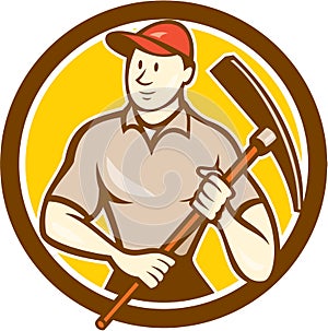 Construction Worker Holding Pickaxe Circle Cartoon photo