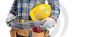 The construction worker holding tools and wearing a safety helmet. AI generated image