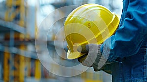 Construction worker holding a yellow hard hat in a work site with blurred background