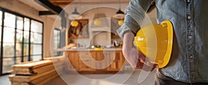 The construction worker holding a yellow hardhat in a modern interior space. AI generated image