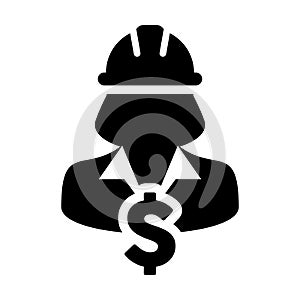 Construction Worker Icon Vector Dollar Sign with Female Person Profile Avatar With Hardhat Helmet in Glyph Pictogram illustration