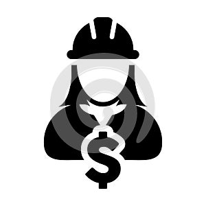 Construction Worker Icon Vector Dollar Sign with Female Person Profile Avatar With Hardhat Helmet in Glyph Pictogram illustration