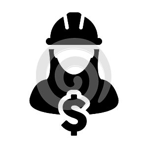 Construction Worker Icon Vector Dollar Sign with Female Person Profile Avatar With Hardhat Helmet in Glyph Pictogram illustration