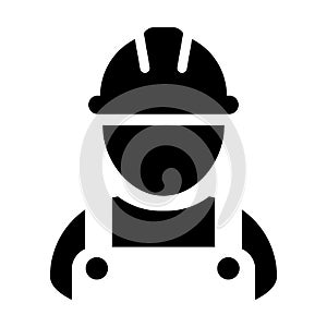 Construction worker icon vector male service person profile avatar with hardhat helmet and jacket in glyph pictogram