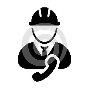 Construction worker icon vector male service person profile avatar with phone and hardhat helmet in glyph pictogram