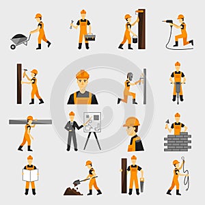 Construction worker icons flat