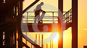 Construction Worker Inspecting Blueprints at Dawn AIG41