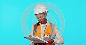 Construction worker, inspection and a woman with paperwork for architecture isolated on a background. Safety, contractor