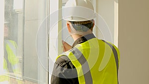 A construction worker inspects the wall of a building on a construction site.