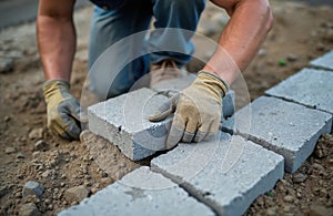 Construction worker installing concrete paving stones. Bricklayer using gloves, building sidewalk. Man is working at construction
