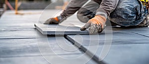 Construction Worker Installing Concrete Paving Stones