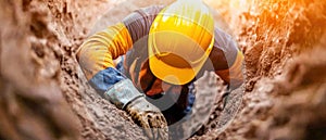 Construction Worker Installing Underground Utility Pipes