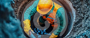 Construction Worker Installing Underground Utility Pipes