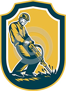 Construction Worker Jackhammer Drill Shield Retro