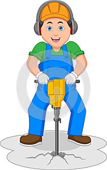 Construction Worker Jackhammer Drilling Cartoon