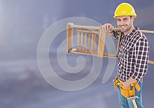 Construction Worker with ladder in front of construction site