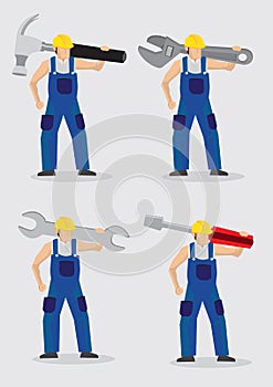 Construction Worker with Large Tools Vector Illustration