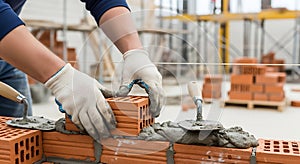 Construction Worker Laying Bricks with Cement on Building Site