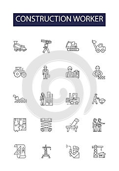 Construction worker line vector icons and signs. Mason, Carpenter, Plumber, Electrician, Roofer, Laborer, Ironworker photo