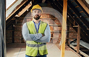 Construction worker, man or arms crossed in house or home and real estate vision, property innovation or architecture