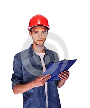 Construction worker man in helmet .