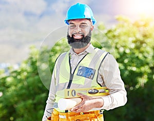 Construction worker, man portrait and architect inspection with industrial employee with tools. African male person