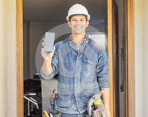 Construction worker, man in portrait and phone, screen with mockup and contact, digital marketing and handyman. Home