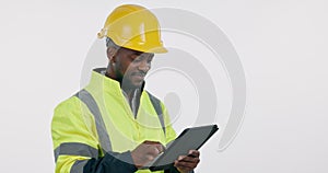 Construction worker, man and smile with tablet in studio for project management, contract checklist or design review