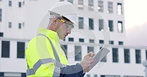 Construction worker, man and tablet in city for industrial maintenance, civil engineering and building renovation