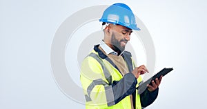 Construction worker, man and tablet for project management, design review and engineering software in studio. Contractor