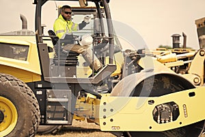 construction worker man used construction heavy machine equipment on building industry site for roadwork outdoor