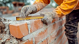 Construction Worker Measuring Brick Wall with Ruler