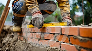Construction Worker Measuring Brick Wall with Ruler