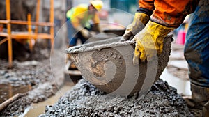 Construction Worker Mixing Concrete with a Bucket
