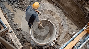 Construction Worker Mixing Concrete in a Bucket