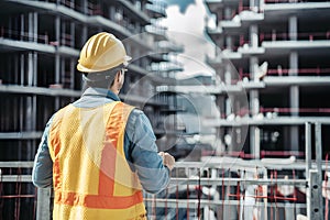 Construction worker observing bustling construction site, symbolizing supervision