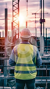 Construction worker observing bustling construction site, symbolizing supervision