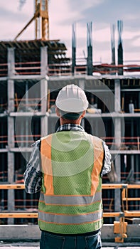 Construction worker observing bustling construction site, symbolizing supervision