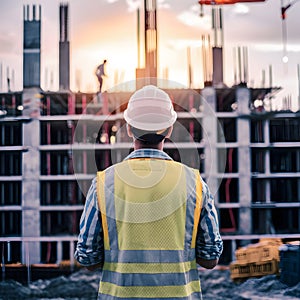 Construction worker observing bustling construction site, symbolizing supervision
