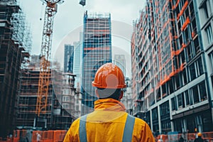 Construction worker observing construction site for project management and planning activities
