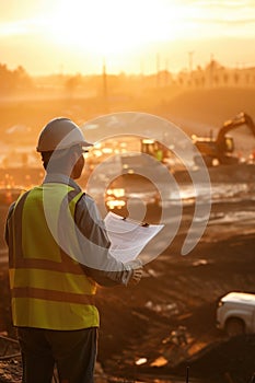 Construction Worker Observing a Construction Site. Generative AI.