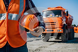 Construction worker in orange vest holds hard hat, orange vehicle and equipment background