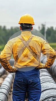 Construction Worker Overlooking Industrial Pipelines