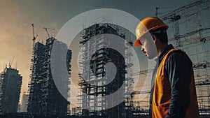 Construction Worker Overseeing High-Rise Development