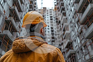 Construction Worker Overseeing Urban Building Project