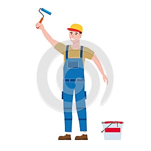 Construction worker painter with brush and paint bucket in workwear. Craftsman character vector isolated