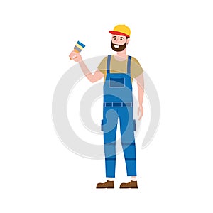 Construction worker painter with brush in workwear. Craftsman character vector isolated