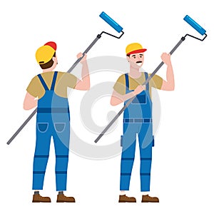 Construction worker painter with rollerbrush in workwear. Back and front view craftsman character vector isolated