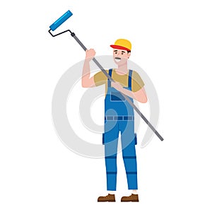 Construction worker painter with rollerbrush in workwear. Craftsman character vector isolated